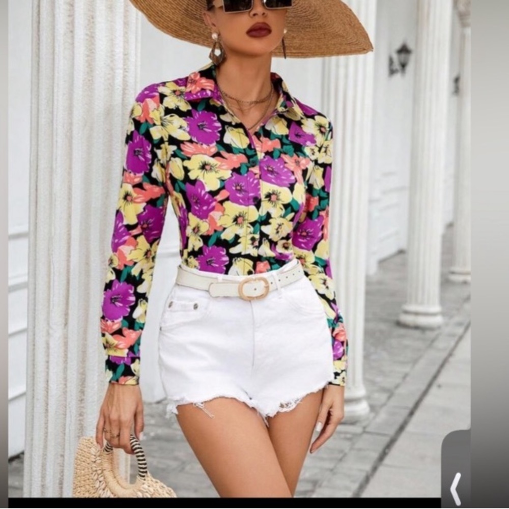 SHEIN VCAY Full Floral Printed Long Sleeve Women'S Shirt size  S new with…